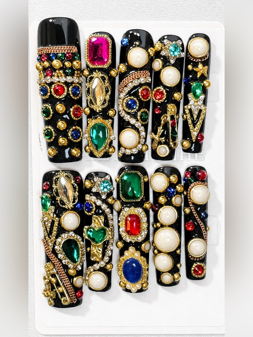 Black Jeweled Press-On Nails with Multicolor Gems. Luxurious and classy reusable